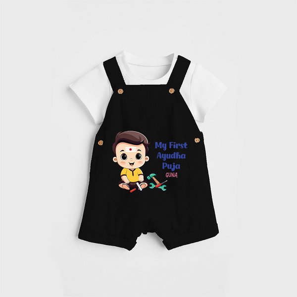 Tools Blessed, Futures Built Customized Ayudha Pooja Themed Kids Dungaree Set - BLACK - 0 - 5 Months Old (Chest 18")