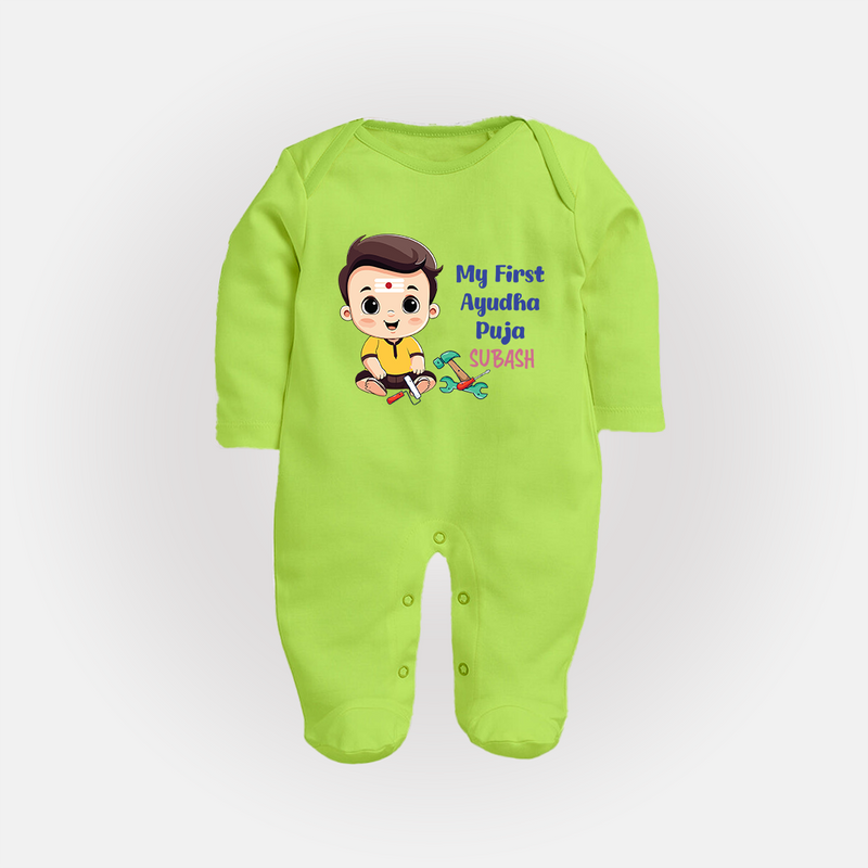 My First Ayudha Puja | Festival of Tools Sleep Suit - LIME GREEN - New Born (Chest 7.5")