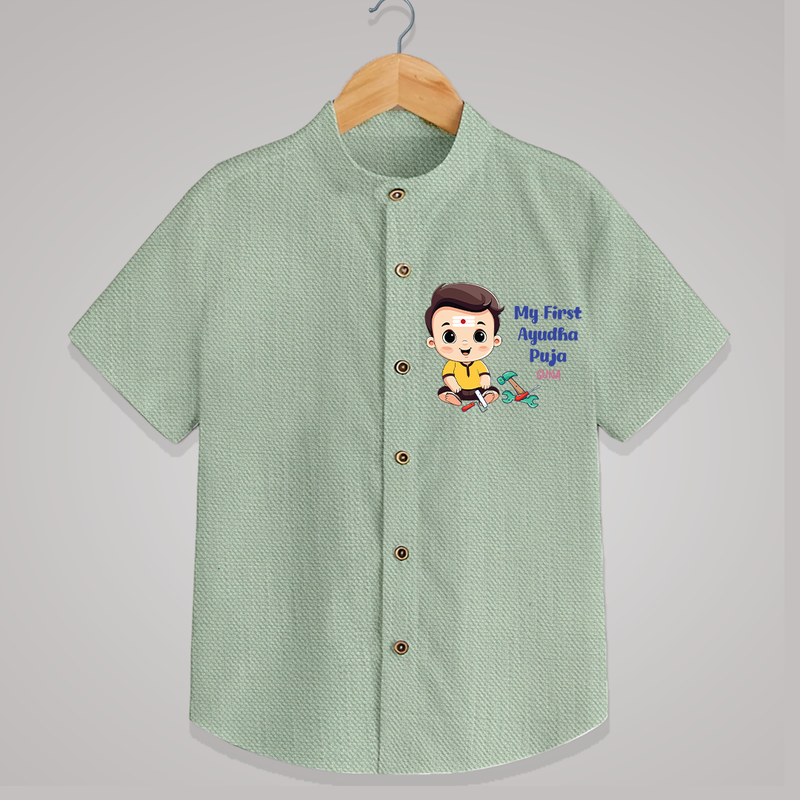 Tools Blessed, Futures Built Customized Ayudha Pooja Themed Kids Shirt - MINT GREEN - 0 - 6 Months Old (Chest 23")