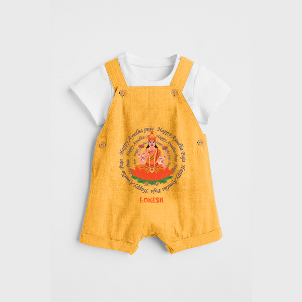 Honoring the Spirit of Work and Worship - Customized Ayudha Pooja Themed Dungaree Set For kids - PASTEL YELLOW - 0 - 5 Months Old (Chest 18")