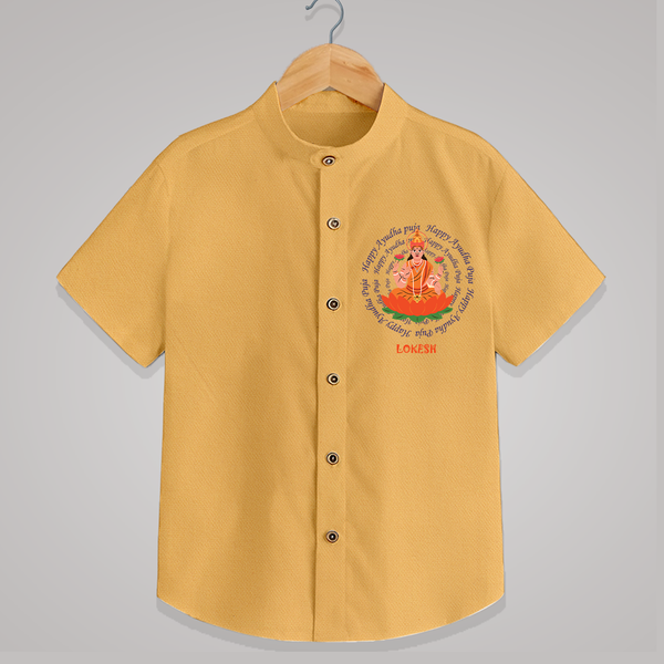 Honoring the Spirit of Work and Worship - Customized Ayudha Pooja Themed Shirt For kids - PASTEL YELLOW - 0 - 6 Months Old (Chest 23")