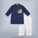 Ayudha Pooja Wishes - Customized Ayudha Pooja Themed Kurta Set For kids - NAVY BLUE - 3 - 6 Months Old (Chest 24", Kurta Length 14'', Waist 19", Pant Length 14")