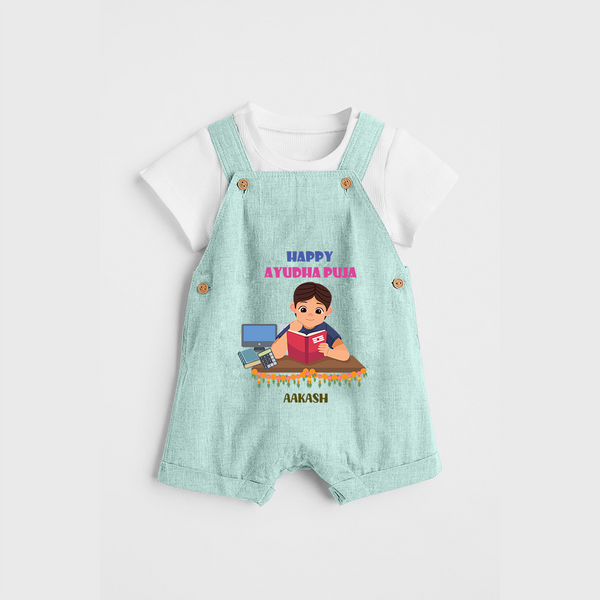 Happy Ayudha Pooja , Where Effort Meets Blessing - Customized Ayudha Pooja Themed Dungaree Set For kids - ARCTIC BLUE - 0 - 5 Months Old (Chest 18")