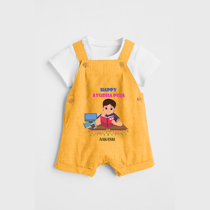 Happy Ayudha Pooja , Where Effort Meets Blessing - Customized Ayudha Pooja Themed Dungaree Set For kids - PASTEL YELLOW - 0 - 5 Months Old (Chest 18")