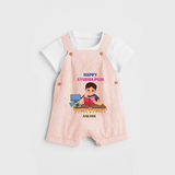 Happy Ayudha Pooja , Where Effort Meets Blessing - Customized Ayudha Pooja Themed Dungaree Set For kids - PEACH - 0 - 5 Months Old (Chest 18")