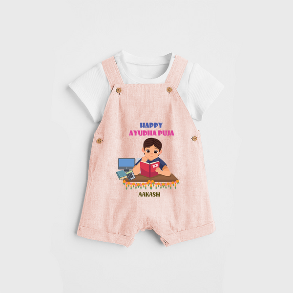 Happy Ayudha Pooja , Where Effort Meets Blessing - Customized Ayudha Pooja Themed Dungaree Set For kids - PEACH - 0 - 5 Months Old (Chest 18")