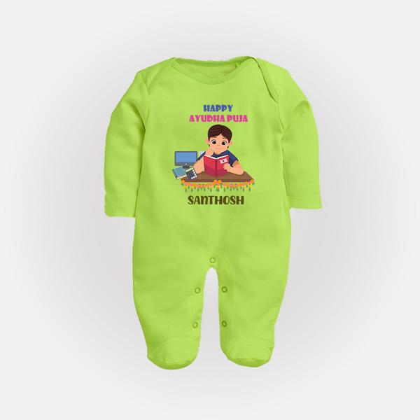 Happy Ayudha Puja | Little Traditions Sleep Suit - LIME GREEN - New Born (Chest 7.5")