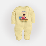Happy Ayudha Puja | Little Traditions Sleep Suit - PASTEL YELLOW - New Born (Chest 7.5")