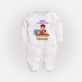 Happy Ayudha Puja | Little Traditions Sleep Suit - WHITE - New Born (Chest 7.5")