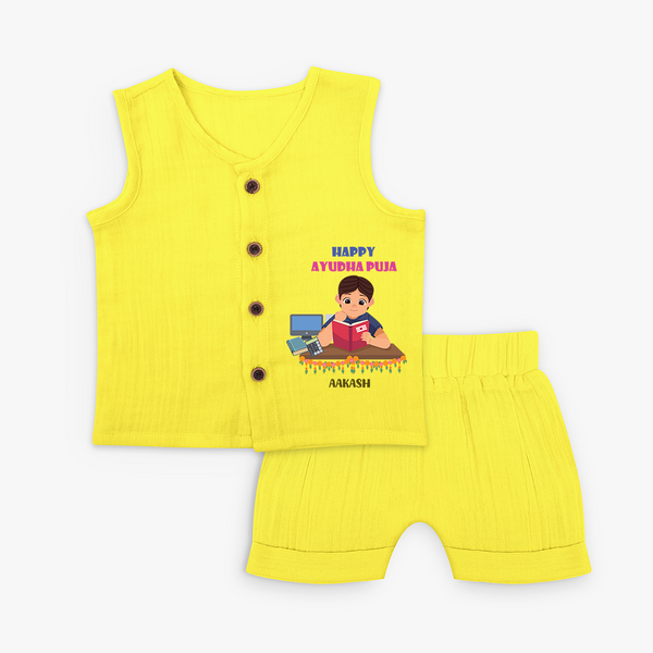 Happy Ayudha Pooja , Where Effort Meets Blessing - Customized Ayudha Pooja Themed Jabla Set For kids - YELLOW - 0 - 3 Months Old (Chest 9.8")