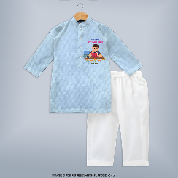 Happy Ayudha Pooja , Where Effort Meets Blessing - Customized Ayudha Pooja Themed Kurta Set For kids - SKY BLUE - 3 - 6 Months Old (Chest 24", Kurta Length 14'', Waist 19", Pant Length 14")