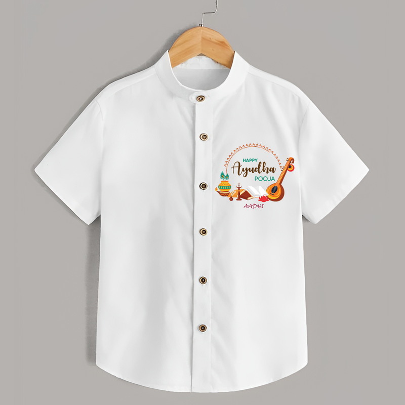 Celebrating Work and Worship - Customized Ayudha Pooja Themed Shirt For kids - WHITE - 0 - 6 Months Old (Chest 23")