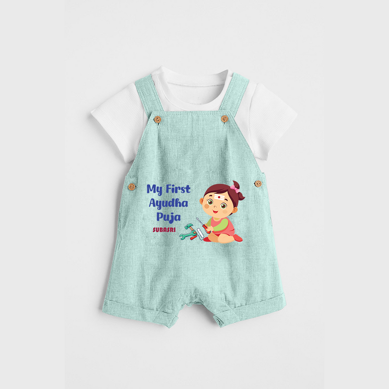 My First Ayudha pooja Customized Ayudha Pooja Themed Dungaree Set For Girls - ARCTIC BLUE - 0 - 5 Months Old (Chest 18")