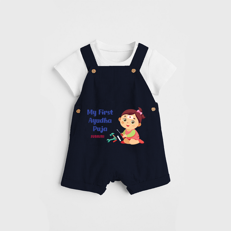 My First Ayudha pooja Customized Ayudha Pooja Themed Dungaree Set For Girls - NAVY BLUE - 0 - 5 Months Old (Chest 18")