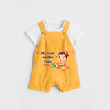 My First Ayudha pooja Customized Ayudha Pooja Themed Dungaree Set For Girls - PASTEL YELLOW - 0 - 5 Months Old (Chest 18")