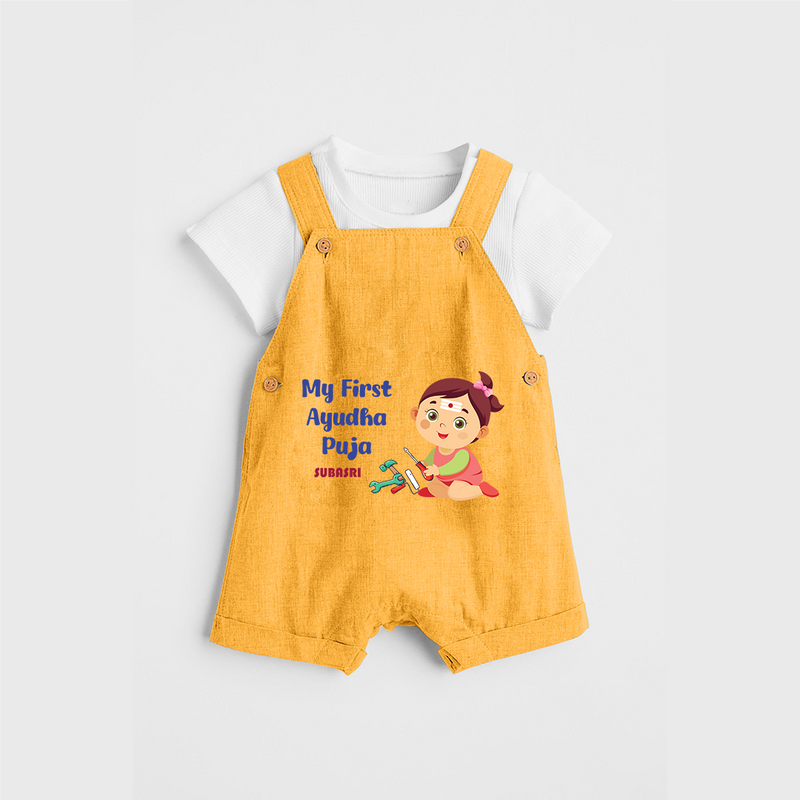 My First Ayudha pooja Customized Ayudha Pooja Themed Dungaree Set For Girls - PASTEL YELLOW - 0 - 5 Months Old (Chest 18")