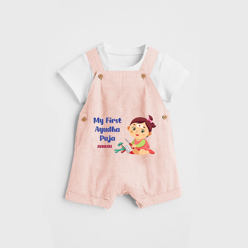 My First Ayudha pooja Customized Ayudha Pooja Themed Dungaree Set For Girls - PEACH - 0 - 5 Months Old (Chest 18")