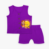 A Celebration of Skill, Tools, and Prosperity - Customized Ayudha Pooja (Tamil) Themed Jabla Set For kids - ROYAL PURPLE - 0 - 3 Months Old (Chest 9.8")