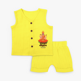 Honoring the Spirit of Work and Worship - Customized Ayudha Pooja (Tamil) Themed Jabla Set For kids - YELLOW - 0 - 3 Months Old (Chest 9.8")