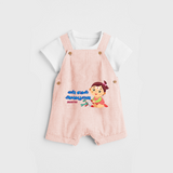 My First Ayudha pooja Customized Ayudha Pooja Tamil Themed Dungaree Set For Girls - PEACH - 0 - 5 Months Old (Chest 18")