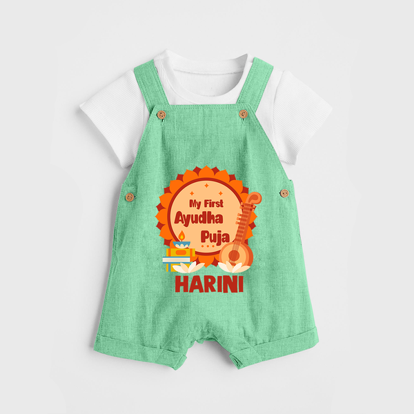 My First Ayudha Puja Dungaree Set | Personalized Baby Outfit for Festival - GREEN - 0 - 5 Months Old (Chest 18")