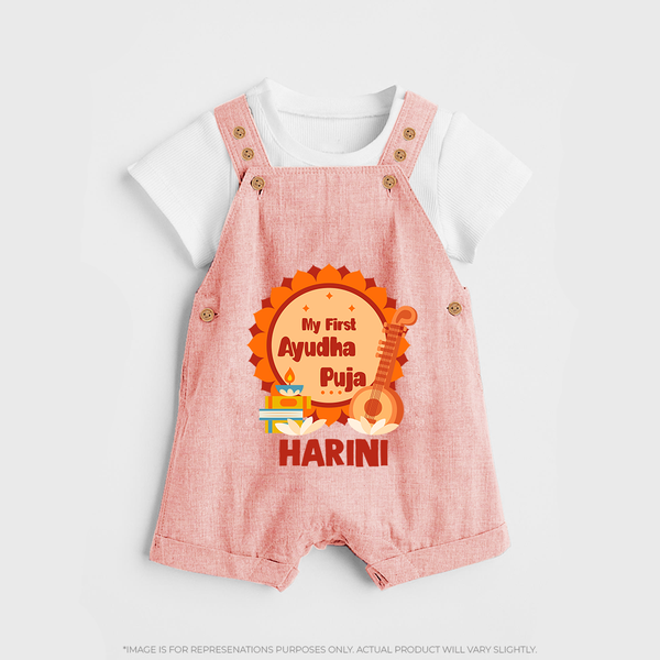 My First Ayudha Puja Dungaree Set | Personalized Baby Outfit for Festival - PEACH - 0 - 5 Months Old (Chest 18")
