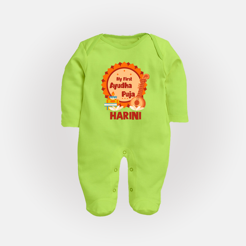 My First Ayudha Puja Sleep Suit | Personalized Baby Outfit for Festival - LIME GREEN - New Born (Chest 7.5")