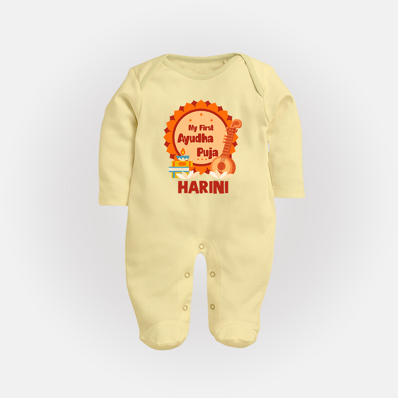 My First Ayudha Puja Sleep Suit | Personalized Baby Outfit for Festival - PASTEL YELLOW - New Born (Chest 7.5")