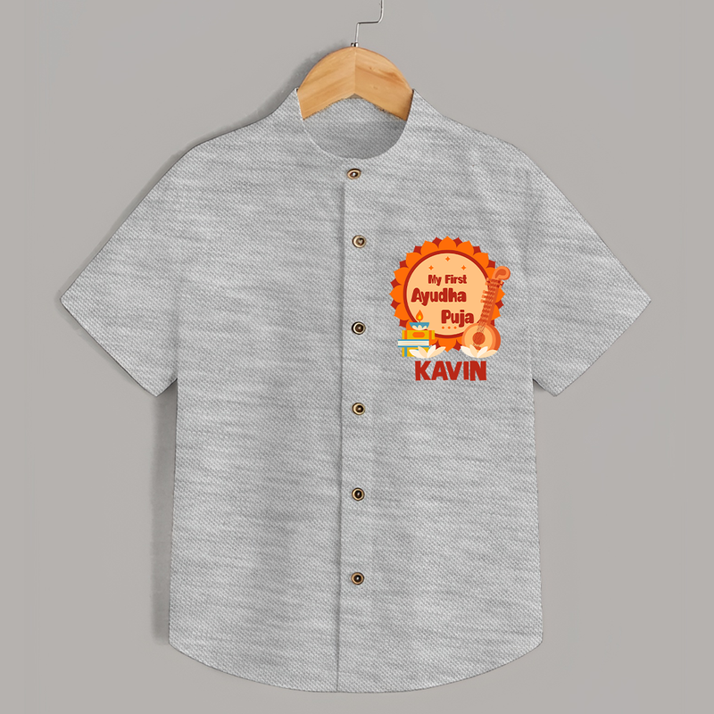 My First Ayudha Puja Shirt | Personalized Baby Outfit for Festival - GREY - 0 - 6 Months Old (Chest 23")