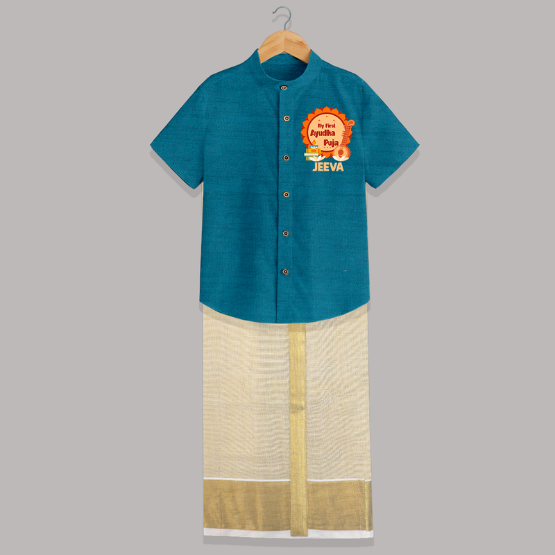 My First Ayudha Puja Shirt and Dhoti | Personalized Baby Outfit for Festival - PEACOCK BLUE - 0 - 6 Months Old (Chest-23") (Dhoti length-14")