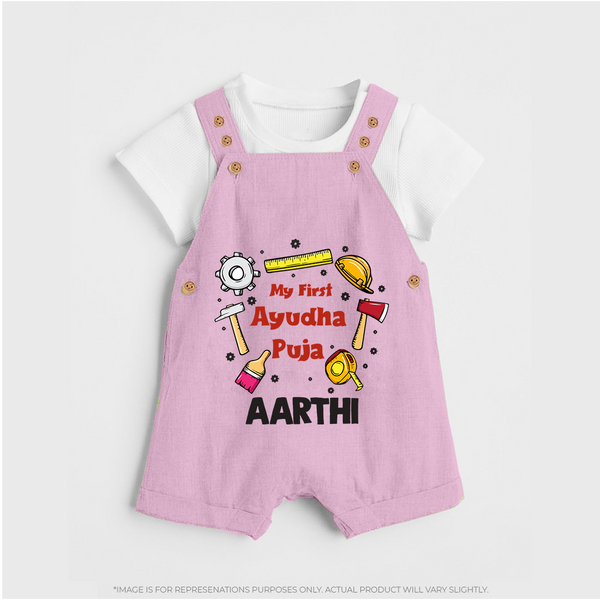 First Ayudha Puja Special Dungaree Set | Custom Baby Outfit for Navratri Celebration - BABY PINK - 0 - 5 Months Old (Chest 18")