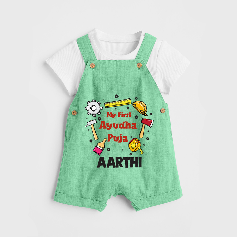 First Ayudha Puja Special Dungaree Set | Custom Baby Outfit for Navratri Celebration - GREEN - 0 - 5 Months Old (Chest 18")