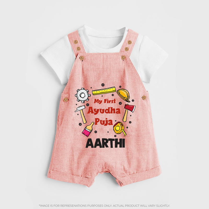 First Ayudha Puja Special Dungaree Set | Custom Baby Outfit for Navratri Celebration - PEACH - 0 - 5 Months Old (Chest 18")