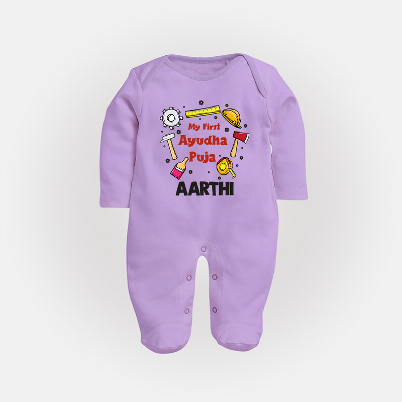 First Ayudha Puja Special Sleep Suit | Custom Baby Outfit for Navratri Celebration - LILAC - New Born (Chest 7.5")