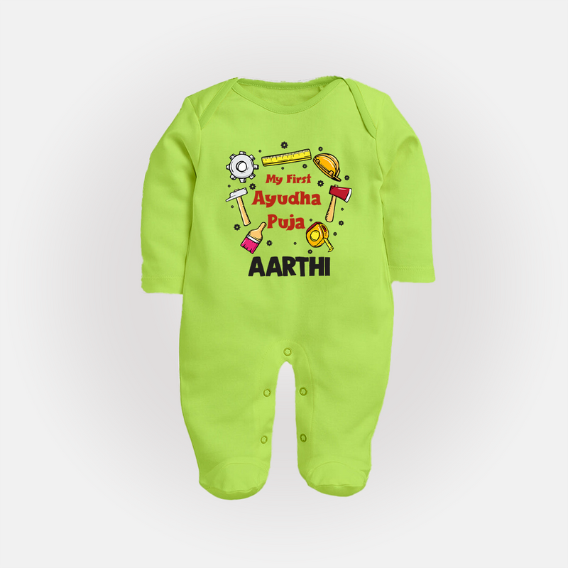 First Ayudha Puja Special Sleep Suit | Custom Baby Outfit for Navratri Celebration - LIME GREEN - New Born (Chest 7.5")