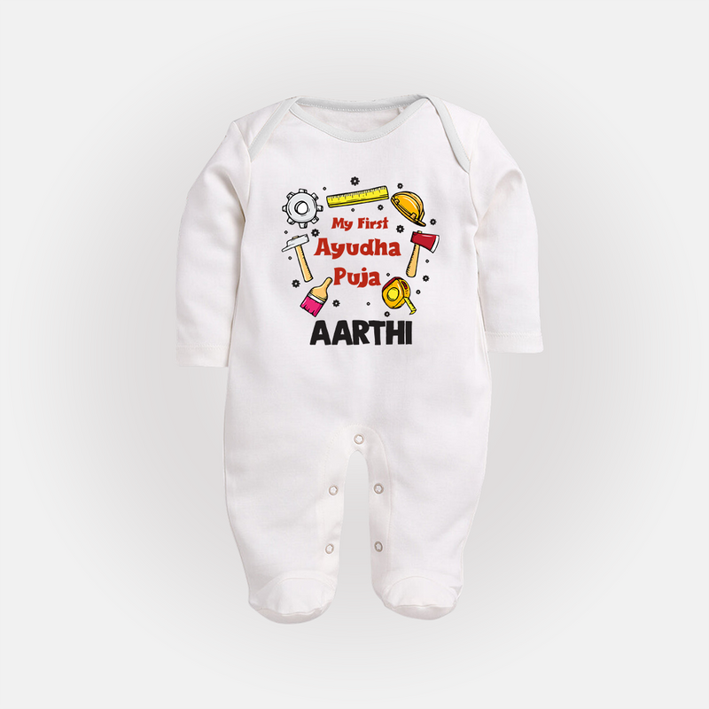 First Ayudha Puja Special Sleep Suit | Custom Baby Outfit for Navratri Celebration - WHITE - New Born (Chest 7.5")