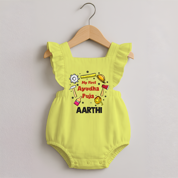 First Ayudha Puja Special Romper Frock | Custom Baby Outfit for Navratri Celebration - PASTEL YELLOW - 0 - 3 Months Old (Chest 19")