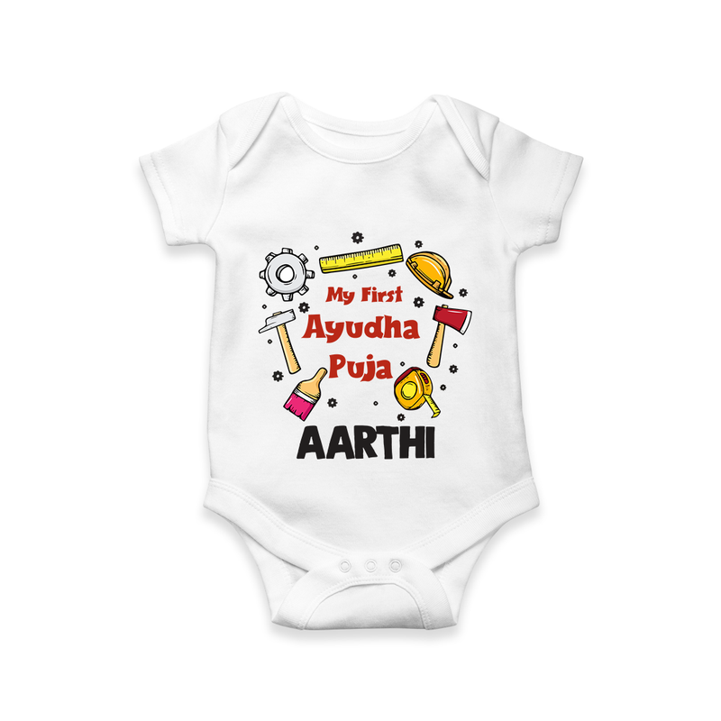 First Ayudha Puja Special Romper | Custom Baby Outfit for Navratri Celebration - WHITE - New Born (Chest 14")