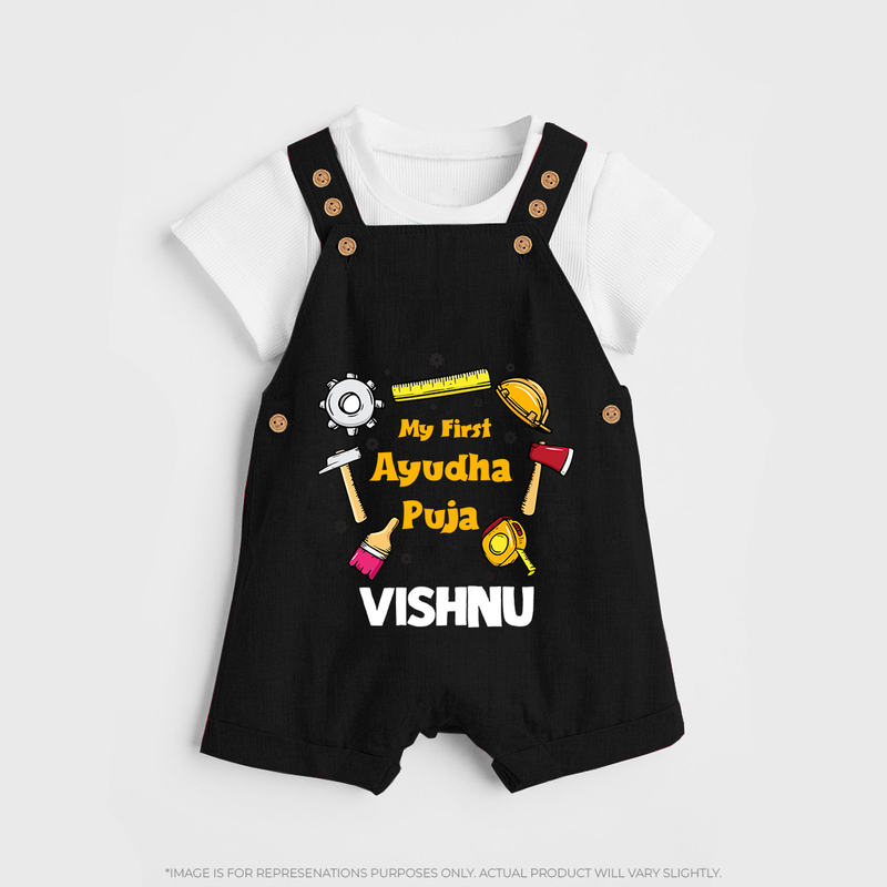 First Ayudha Puja Special Dungaree Set | Custom Baby Outfit for Navratri Celebration - BLACK - 0 - 5 Months Old (Chest 18")