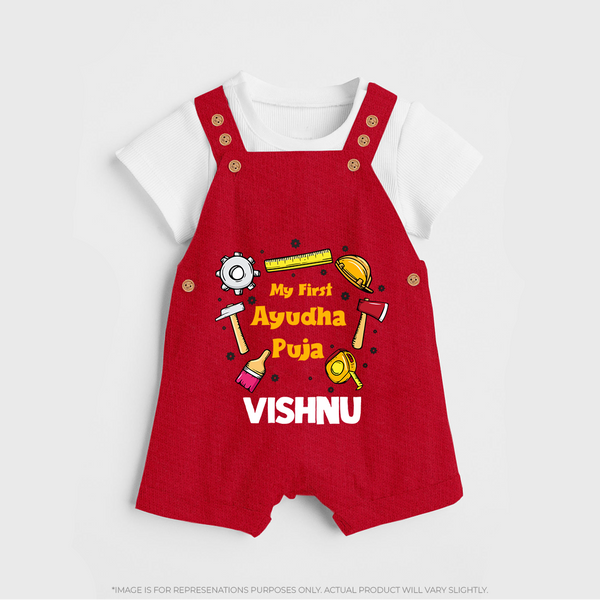 First Ayudha Puja Special Dungaree Set | Custom Baby Outfit for Navratri Celebration - RED - 0 - 5 Months Old (Chest 18")