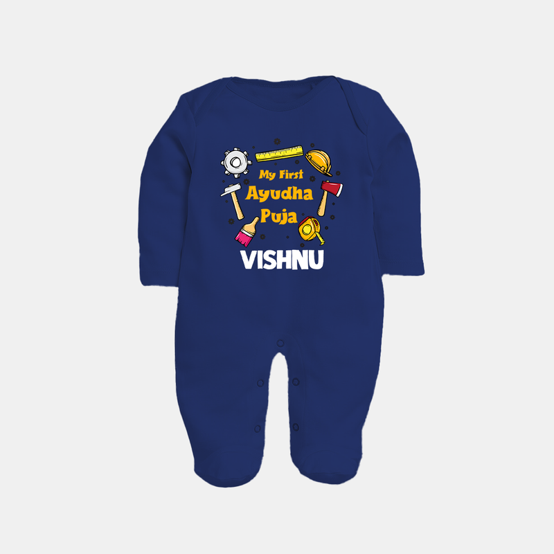 First Ayudha Puja Special Sleep Suit | Custom Baby Outfit for Navratri Celebration - NAVY BLUE - New Born (Chest 7.5")