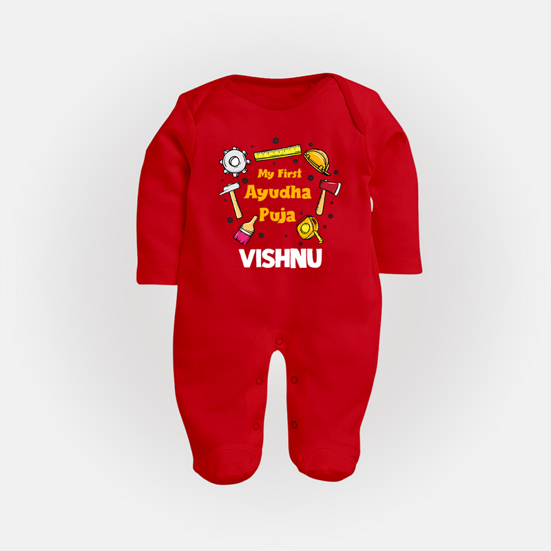 First Ayudha Puja Special Sleep Suit | Custom Baby Outfit for Navratri Celebration - RED - New Born (Chest 7.5")