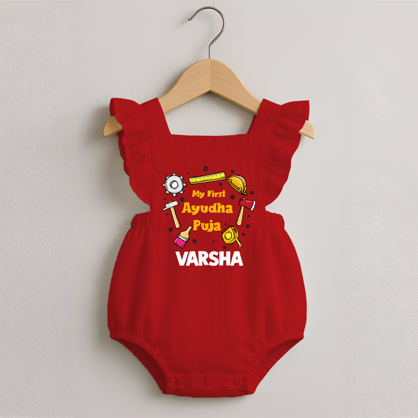 First Ayudha Puja Special Romper Frock | Custom Baby Outfit for Navratri Celebration - RED - 0 - 3 Months Old (Chest 19")
