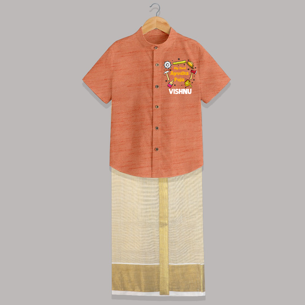First Ayudha Puja Special Shirt and Dhoti | Custom Baby Outfit for Navratri Celebration - ORANGE - 0 - 6 Months Old (Chest-23") (Dhoti length-14")