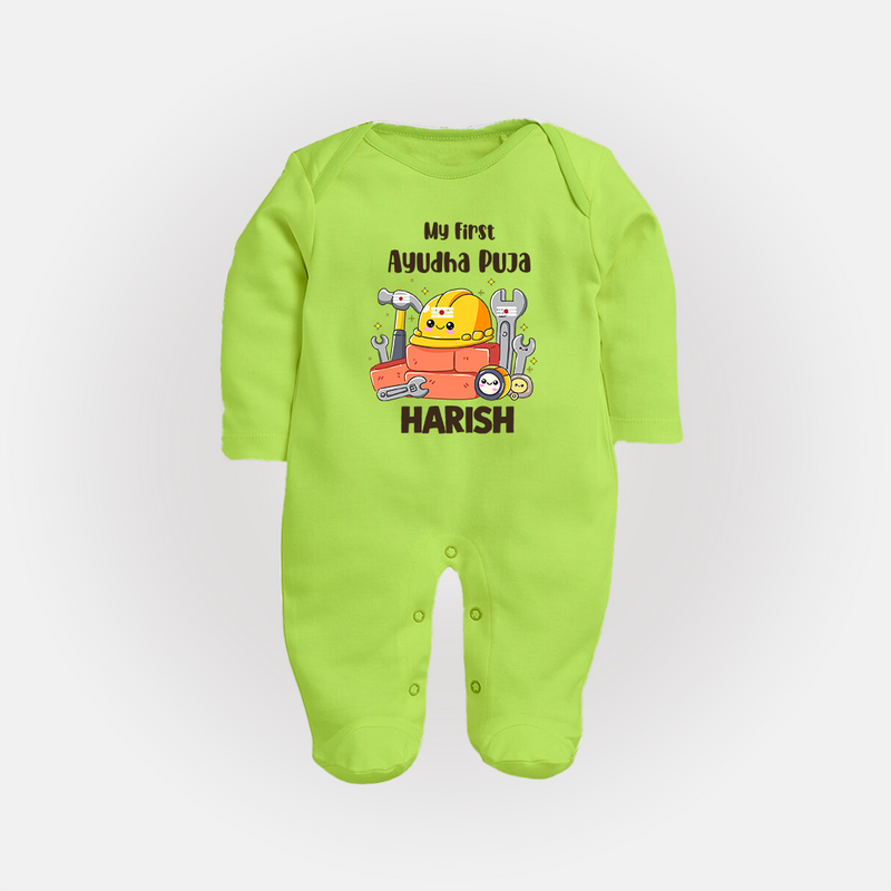Baby's First Ayudha Puja Sleep Suit | Custom Festival Outfit for Little Ones - LIME GREEN - New Born (Chest 7.5")