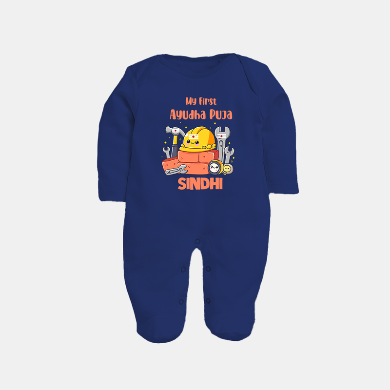 Baby's First Ayudha Puja Sleep Suit | Custom Festival Outfit for Little Ones - NAVY BLUE - New Born (Chest 7.5")