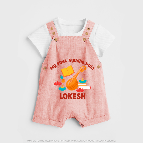 Tiny Festival Star Ayudha Puja Dungaree Set | Personalized Baby Outfit - PEACH - 0 - 5 Months Old (Chest 18")