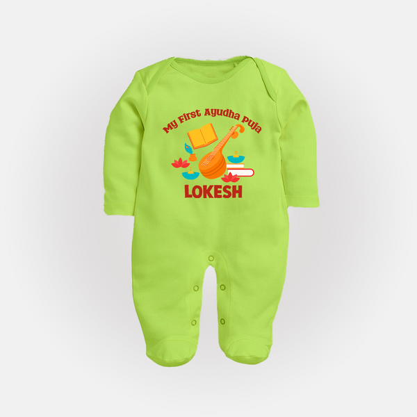 Tiny Festival Star Ayudha Puja Sleep Suit | Personalized Baby Outfit - LIME GREEN - New Born (Chest 7.5")