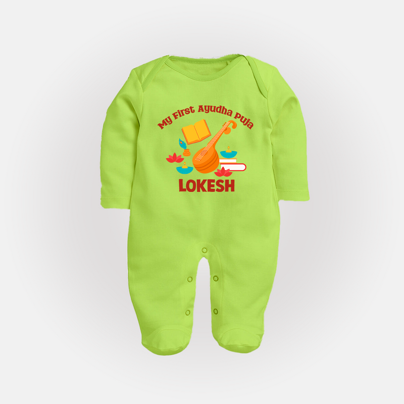 Tiny Festival Star Ayudha Puja Sleep Suit | Personalized Baby Outfit - LIME GREEN - New Born (Chest 7.5")
