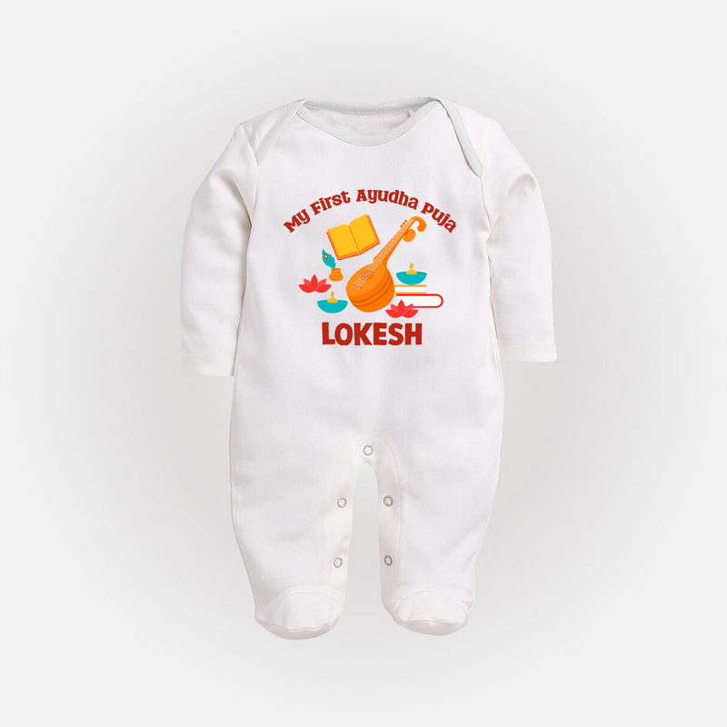 Tiny Festival Star Ayudha Puja Sleep Suit | Personalized Baby Outfit - WHITE - New Born (Chest 7.5")